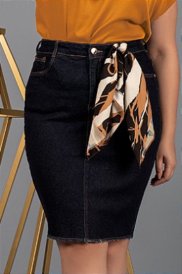 Saia Jeans Com Barra Desfiada Acompanha Lenço Elegance All Curves - 171787