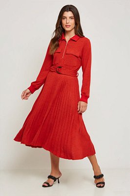 Vestido Vermelho Plissado Com Bolsos E Zíper Frontal Acompanha Cinto - 13302
