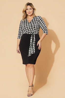 Vestido Pied Poule E Preto Transpassado Acompanha Faixa Clamila - 10434