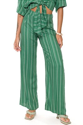 Calça Pantalona Verde Com Listras Em Viscose Sarjada - 103779