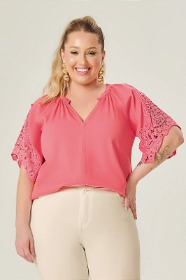 Blusa Coral Em Sarja Viscolinho Com Detalhes Em Renda - 201356