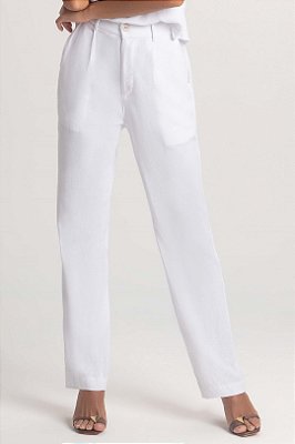 Calça Pantalona Branca Em Viscolinho Com Bolsos Frontais E Traseiros - 103982