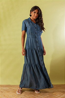 Vestido Longo Em Jeans Três Marias Com Botões Frontais - 54839
