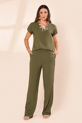 Conjunto De Calça Pantalona Verde Em Viscose Clamila - 10584