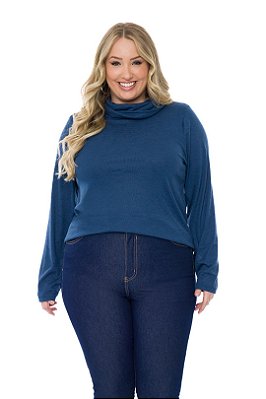 Blusa Azul Em Malha Tricot Flamê Com Manga Longa E Gola Alta - 201687