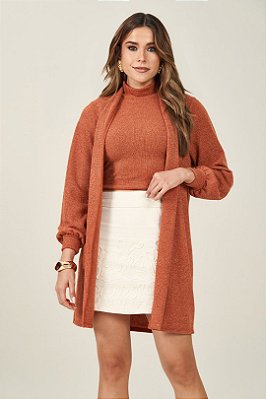 Cardigan Alongado Terracota Em Malha Tricot Com Lurex - 104510