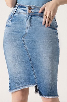 Saia Tradicional Jeans 62 Cm Barra Desfiada E Assimétrica Laura Rosa - 810594