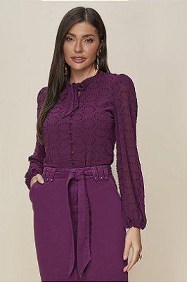 Camisa Dark Purple Em Crepe Com Textura E Detalhe De Amarração Titanium - 27363