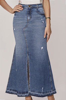 Saia New Shape Jeans 97 Cm Com Barra Desfeita Titanium - 27373