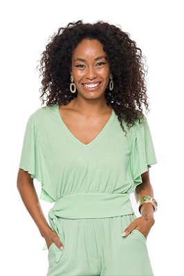 Blusa Verde Em Malha Tricot Flamê Com Faixa Para Amarração - 104624