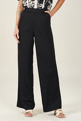 Calça Preta Pantalona Em Linên Com Bolsos Frontais E Traseiros - 104446