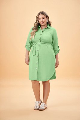Vestido Chemise Verde Em Sarja Manga 3/4 Acompanha Faixa - 201727