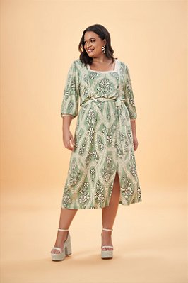 Vestido Midi Estampado Com Fenda Frontal E Acompanha Faixa - 201845