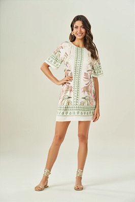 Vestido Estampado Em Sarja Four Way E Detalhe Verde Em Ribana Canelada - 104756