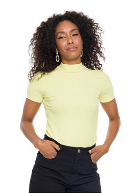 Blusa Amarela Em Ribana Canelada De Manga Curta E Gola Alta - 104768