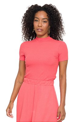 Blusa Goiaba Em Ribana Canelada De Manga Curta E Gola Alta - 104768