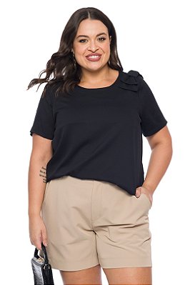 Blusa Preta De Manga Curta Em Viscose Sarjada Com Elastano - 201847