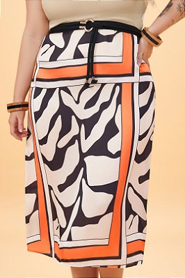 Saia Midi Estampa Preta Off White E Salmão Em Cetim Requinte - 201781