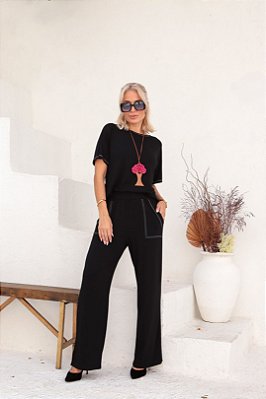 Conjunto De Calça Preto Com Detalhes De Pespontos Branco - 21064