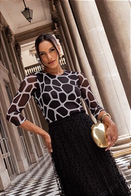 Blusa Estampada Em Tule Manga 7/8 E Decote Redondo Jany Pim - BU5010774