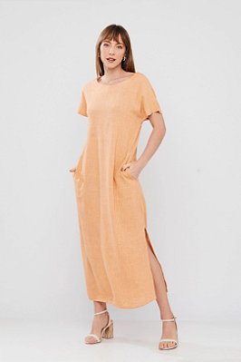 Vestido Maxi Midi Pêssego Em Viscolinho Com Fendas Laterais - 25330