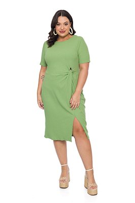 Vestido Midi Verde Em Ribana Canelada Com Detalhe De Torção - 201801