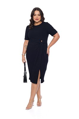 Vestido Midi Preto Em Ribana Canelada Com Detalhe De Torção - 201801