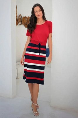 Conjunto De Saia Com Listras Vermelho Off White E Azul - 9981