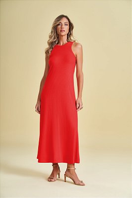 Vestido Maxi Midi Vermelho Sem Manga Em Ribana Canelada - 104911