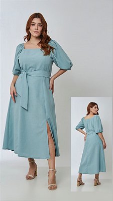 Vestido Maxi Midi Azul Com Fenda Frontal Com Faixa Vocco Plus - 86767