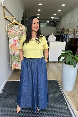 Saia Maxi Midi Jeans Com Bolsos Frontais E Elástico Na Cintura - 23321