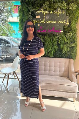 Conjunto De Saia Midi Azul Marinho Com Listras Brancas - 13455