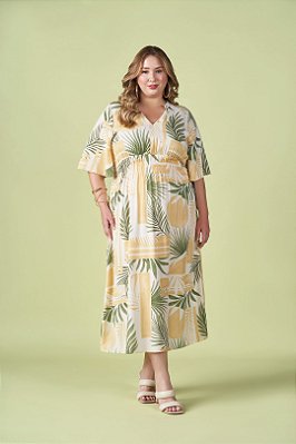 Vestido Maxi Midi Estampado Em Viscose Com Lastex Na Cintura - 201906