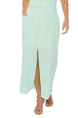 Saia Maxi Midi Verde Em Viscose Flamê Linên Com Fenda Frontal - 104956