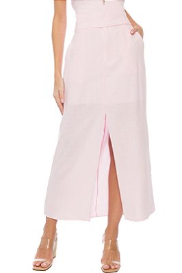 Saia Maxi Midi Rosa Em Viscose Flamê Linên Com Fenda Frontal - 104956