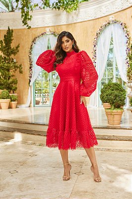 Vestido Midi Vermelho Em Renda Com Guipir Doce Maria - 03842