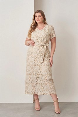 Vestido Maxi Midi Cru Em Viscolinho Com Laise Bordado  - 42355