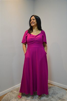 Vestido Maxi Midi Fucsia Com Detalhe De Pregas Em Viscose - 30349