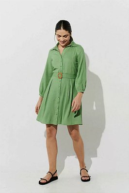 Vestido Verde Em Viscolinho Com Botões Frontais Acompanha Cinto - 25031