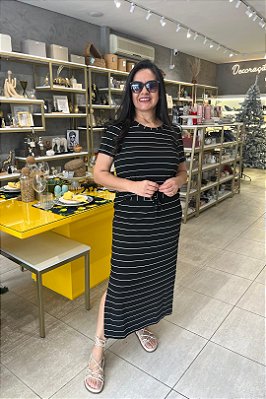 Conjunto De Saia Midi Preto Com Listras Off White - 13455