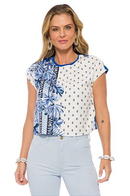 Blusa Azul Em Malha Tricot E Estampa Frontal Em Sarja Four Way - 105114