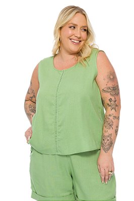 Blusa Verde Sem Manga Em Linên Com Detalhes De Entremeios - 201895