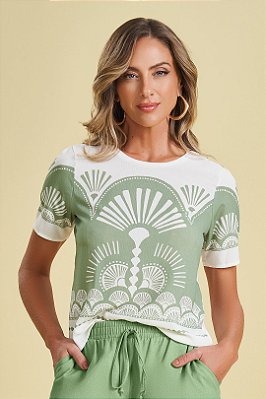 Blusa Off White Com Estampa Verde Frontal De Manga Curta - 105046