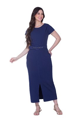Vestido Maxi Midi Azul Com Fenda Frontal E Acompanha Cinto Hapuk - 061841
