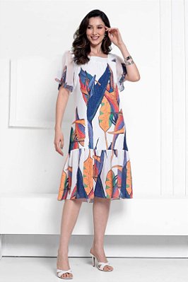 Vestido Estampado Em Poliéster Microfilado Com Decote Quadrado - 15094