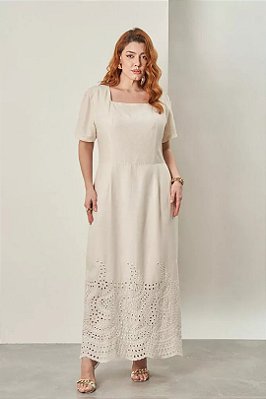 Vestido Longo Cru Com Barrado Bordado E Decote Quadrado - 42364