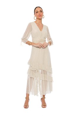 Conjunto De Saia Midi Off White Com Babados Em Tule Com Lurex - 105144
