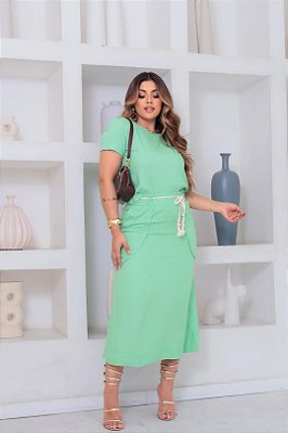 Conjunto De Saia Verde Em Viscolinho Com Elastano Acompanha Cordão - 30340