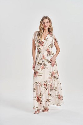 Vestido Maxi Midi Estampado Em Tule Com Lastex Na Cintura - 105321