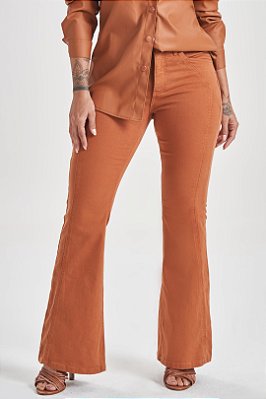 Calça Flare Ocre Cintura Alta Em Sarja Com Elastano - 105234